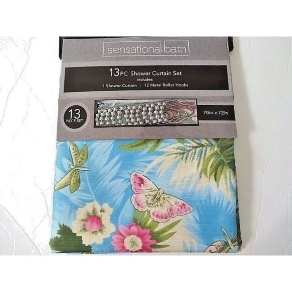 Tropical Butterfly Floral Fabric Shower Curtain 12 Metal Roller Hooks Blue NIP - Picture 3 of 3